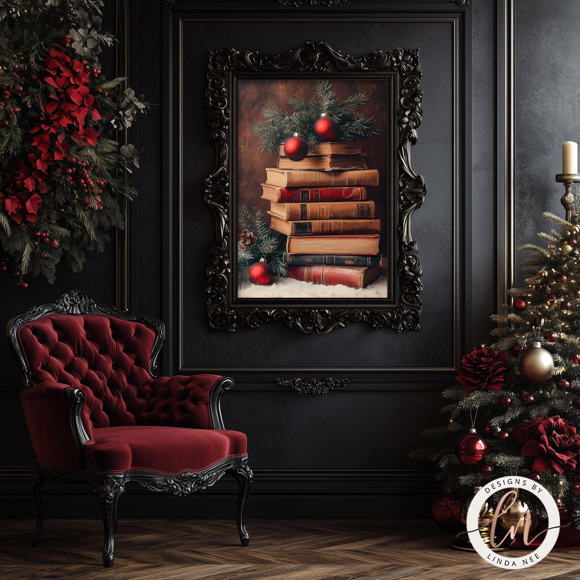 Christmas Book Stack, Dark Academia Vintage Art Print - Image 3