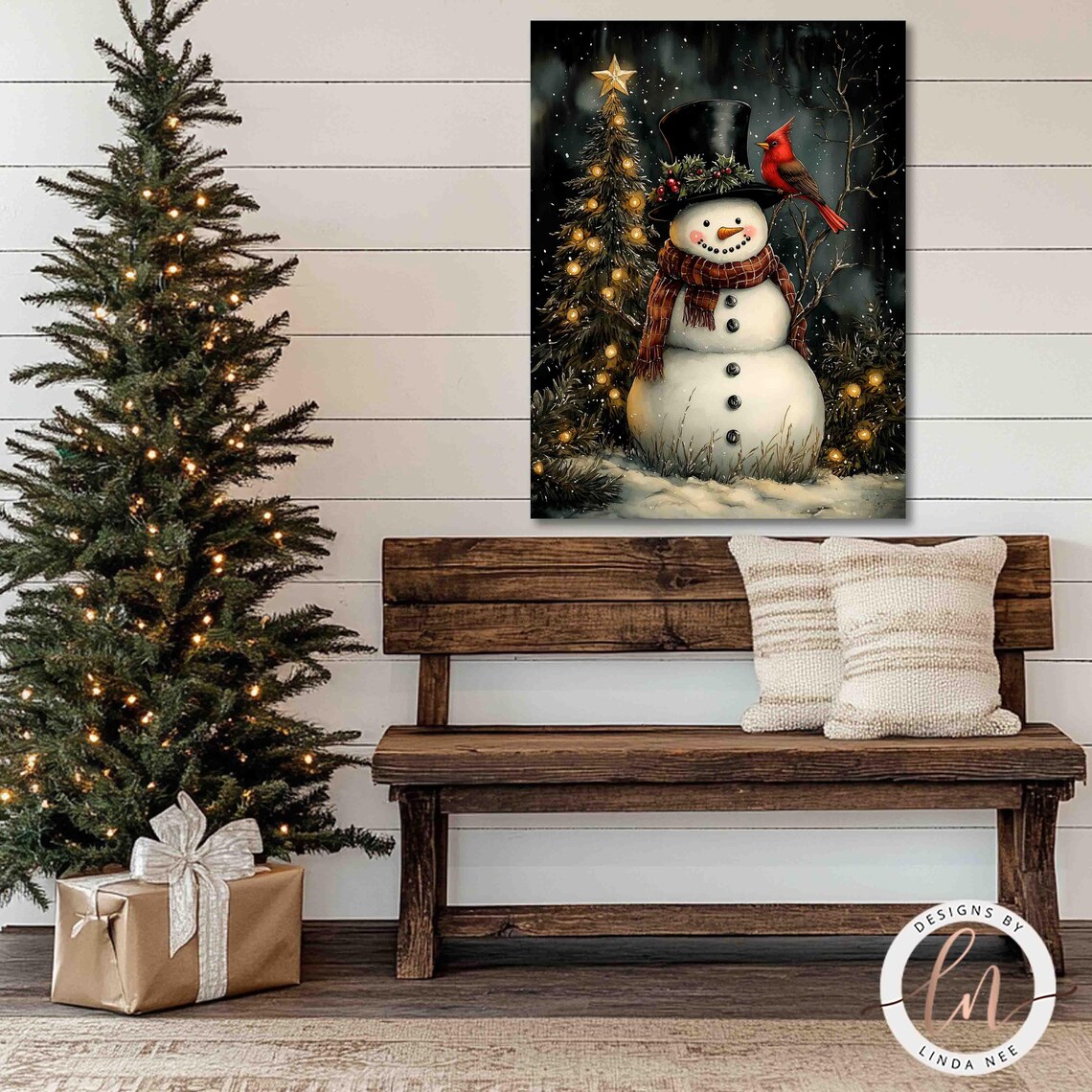 Snowman and Cardinal Christmas Art Print, Rustic Winter - Image 2
