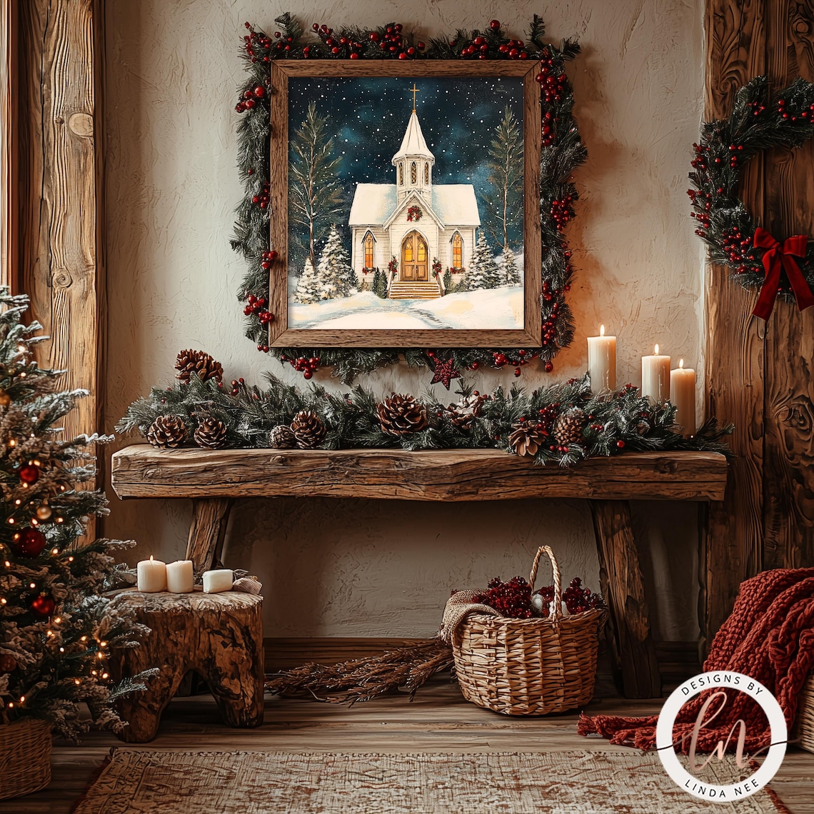 Vintage Church Christmas Scene, Oil-Painting Style Print - Image 3