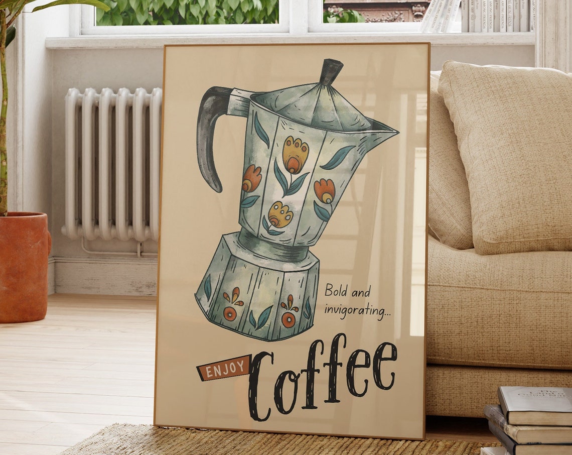 Vintage Floral Moka Pot Enjoy Coffee Rustic Kitchen Decor Poster - Image 3