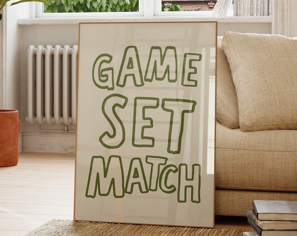Green Game Set Match Tennis Typography Retro Sports Wall Art