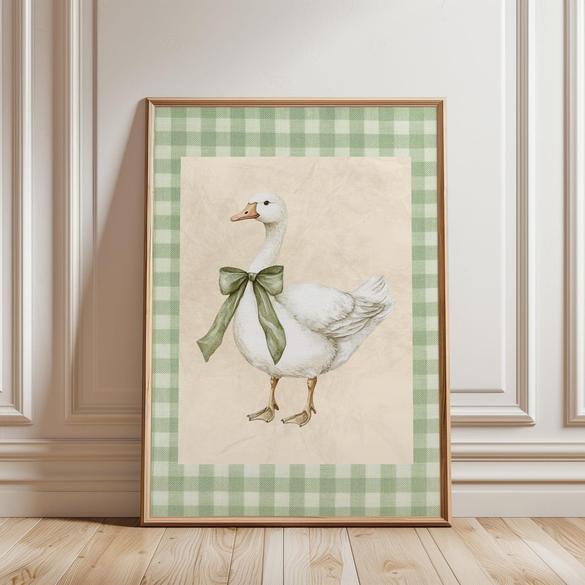 White Goose with Sage Green Bow Gingham Nursery Animal Wall Art