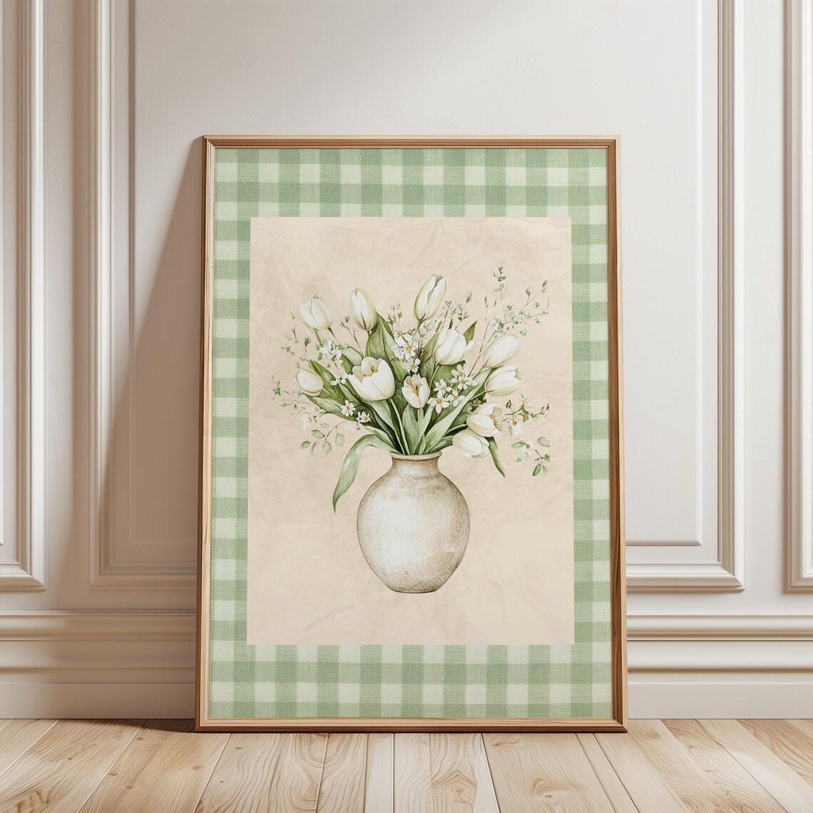 White Tulips Bouquet in Stone Vase Green Gingham Floral Wall Art