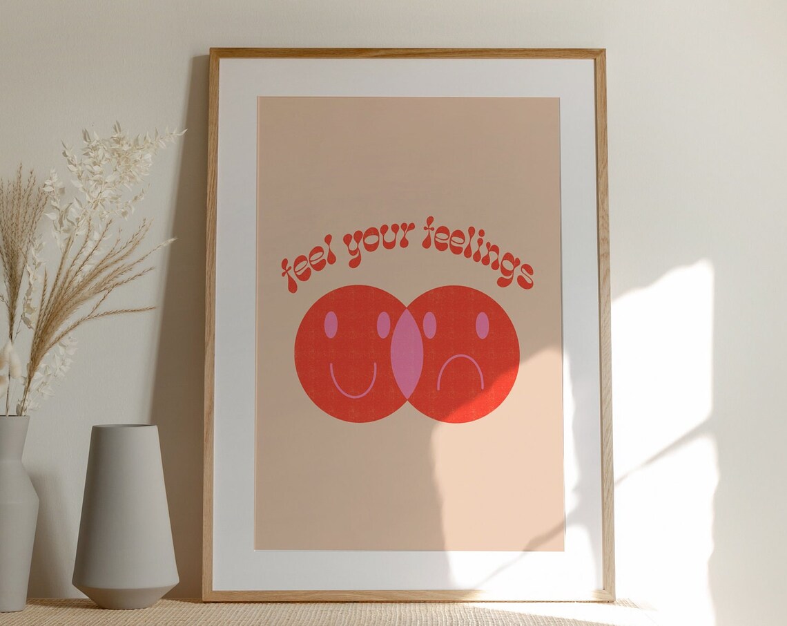 Feel Your Feelings Retro Smiley Face Beige Groovy Quote Art Poster - Image 3