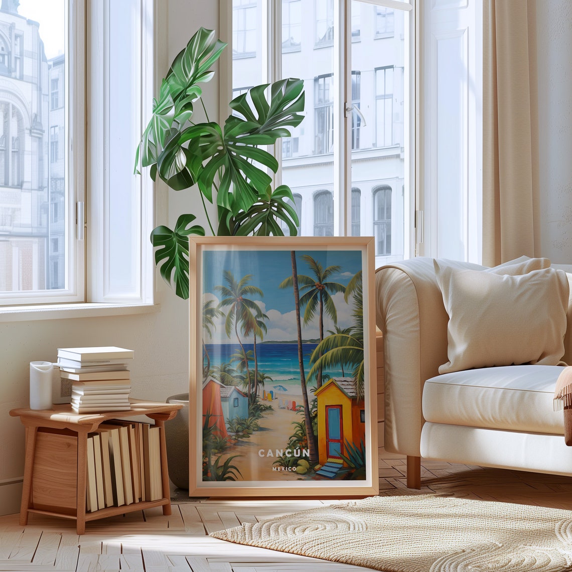 Cancun Mexico Colorful Beach Huts Palms White Sand Travel Poster - Image 2