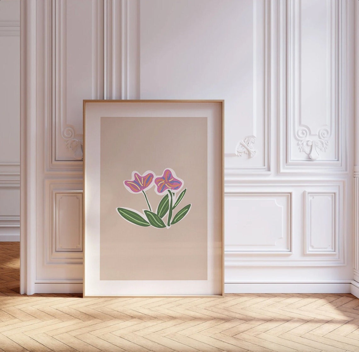 Pink Daisy Abstract White Outline Floral Botanical Cheerful Poster