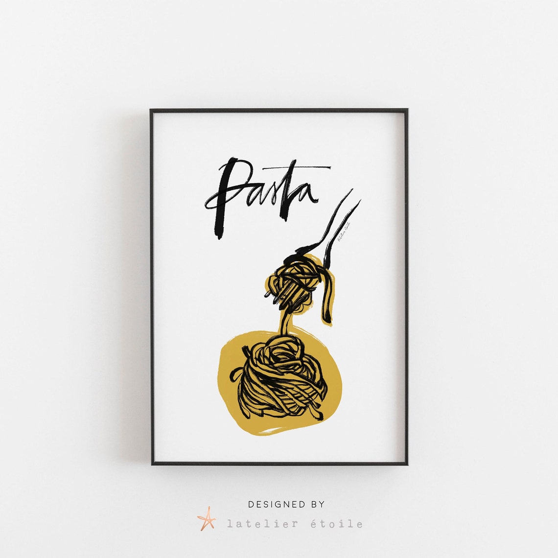 Pasta Hand Lettered Spaghetti Fork Mustard Yellow Kitchen Poster