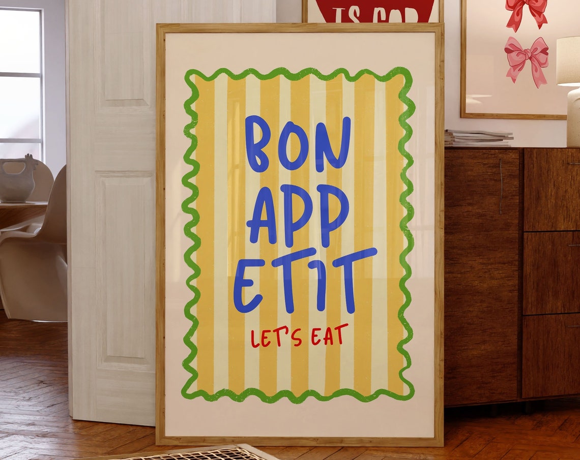 Bon Appetit Lets Eat Retro Striped Kitchen Typography Art Poster - Image 4