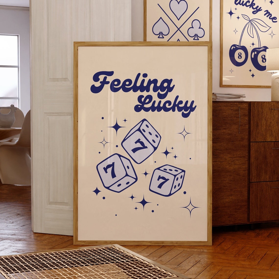 Feeling Lucky 777 Dice Retro Navy Script Quote Wall Art for Game Room