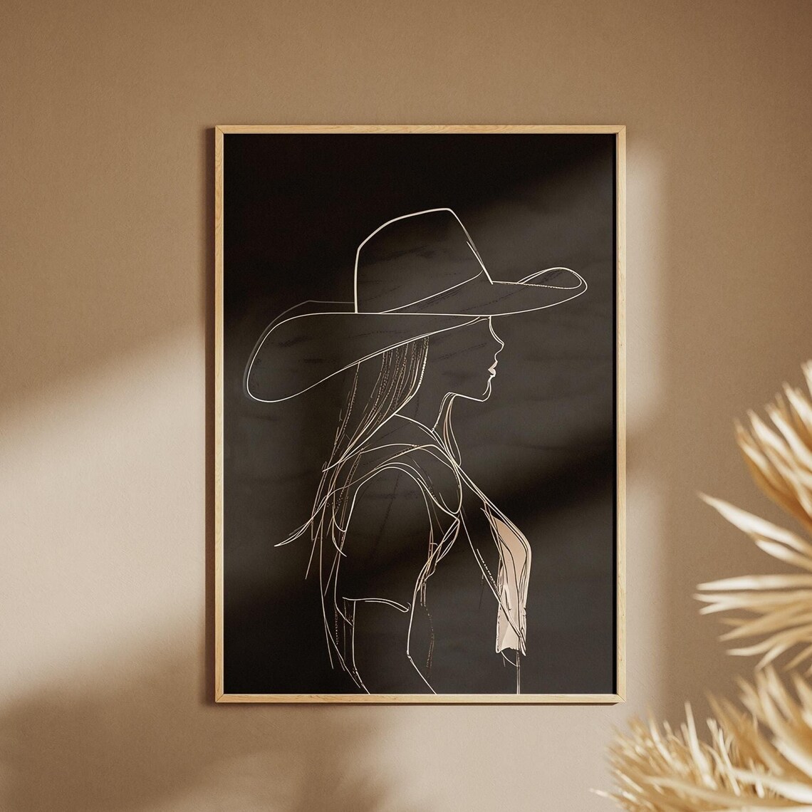 Minimal Cowgirl Line Art on Black Modern Western Silhouette Poster