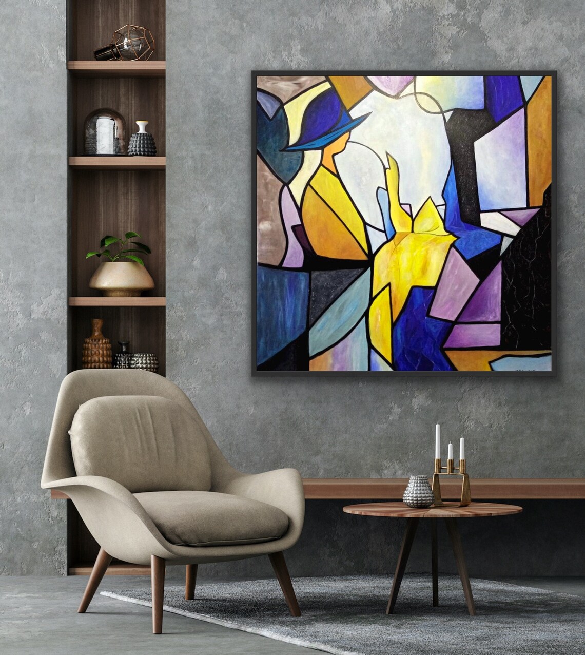 Abstract Stained Glass Woman with Hat Yellow Blue Purple Poster - Image 3