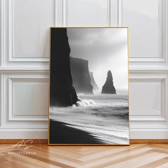 Iceland Print Black Sand Beach Rock Coastal Photo Minimalist Nordic Wall Art Monochrome Ocean View Icelandic Nature