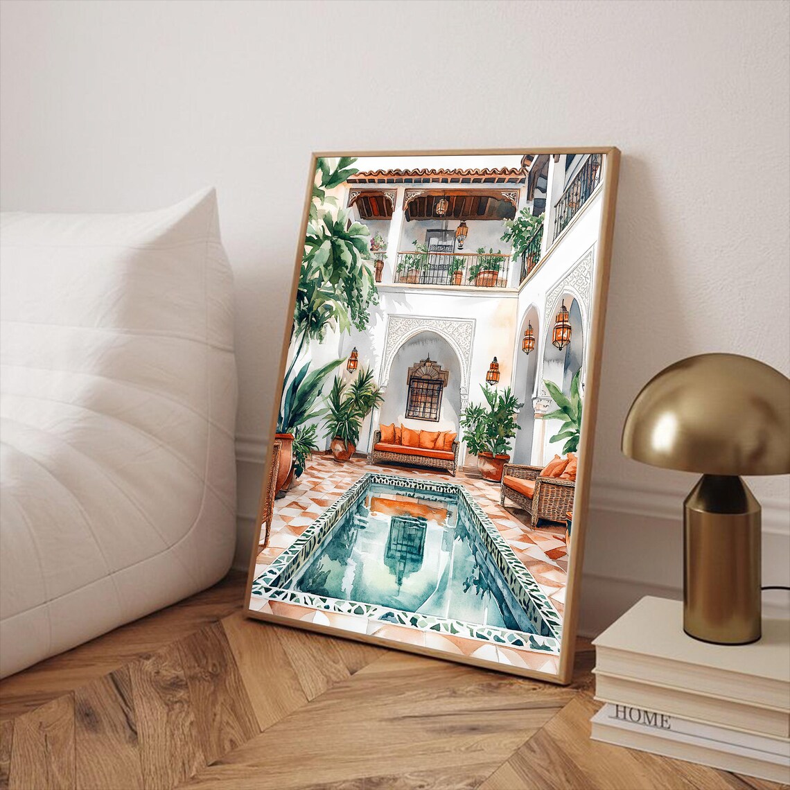Moroccan Riad Pool Courtyard White Watercolor Travel Art Poster