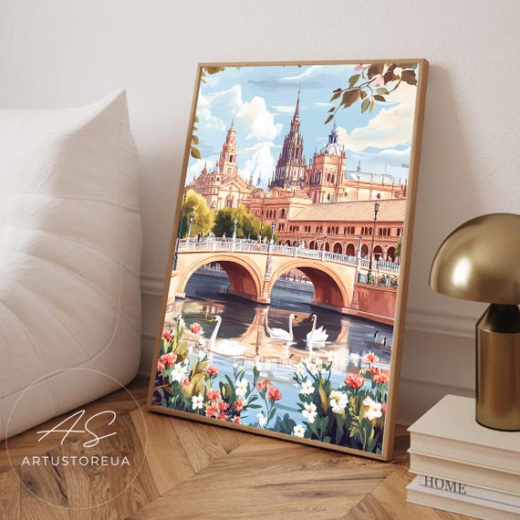 Seville Print Watercolor Cityscape With Historic Cathedral Travel Poster Pastel Art Illustration