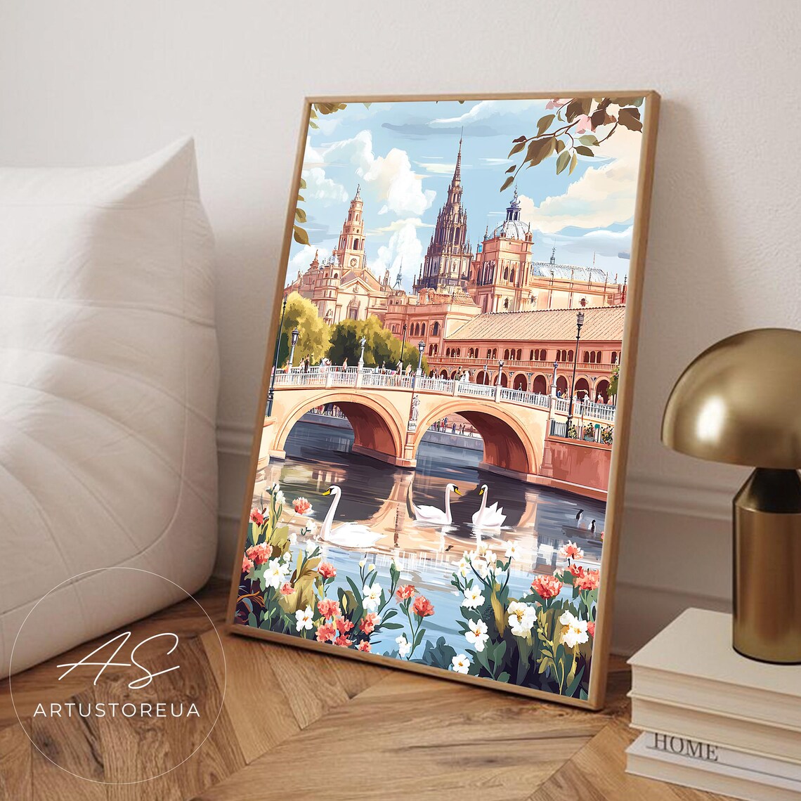 Seville Spain Cathedral And Bridge Watercolor Travel Illustration Poster