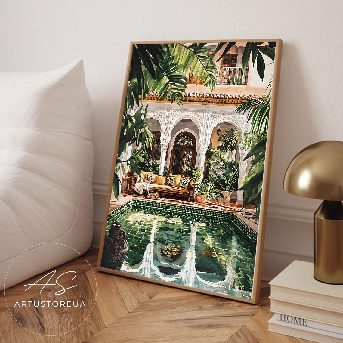 Morocco Watercolor Poster Print, African Riad Courtyard