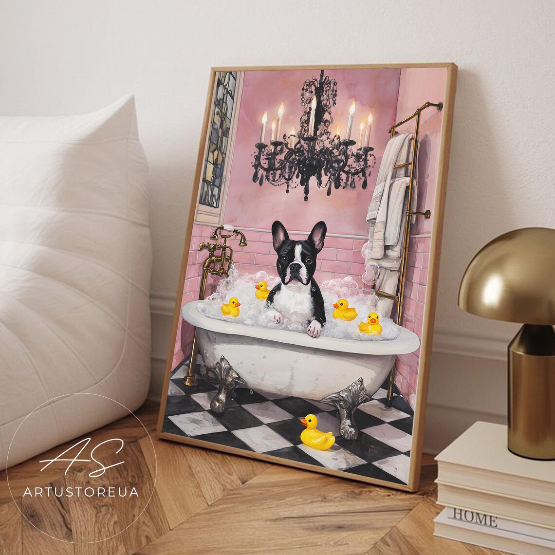 Whimsical French Bulldog Bath Time Art Print
