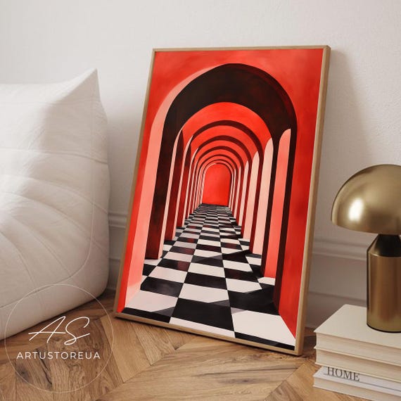 Red Arched Corridor Art Print Illustration Modern Wall Decor Bold Geometric Design Checkered Floor Perspective Abstract Scene