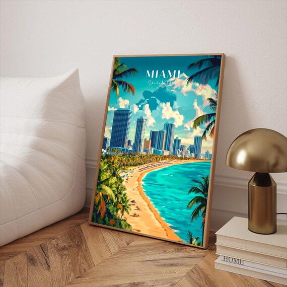 Miami United States Beach Skyline Travel Poster With Palm Trees Art
