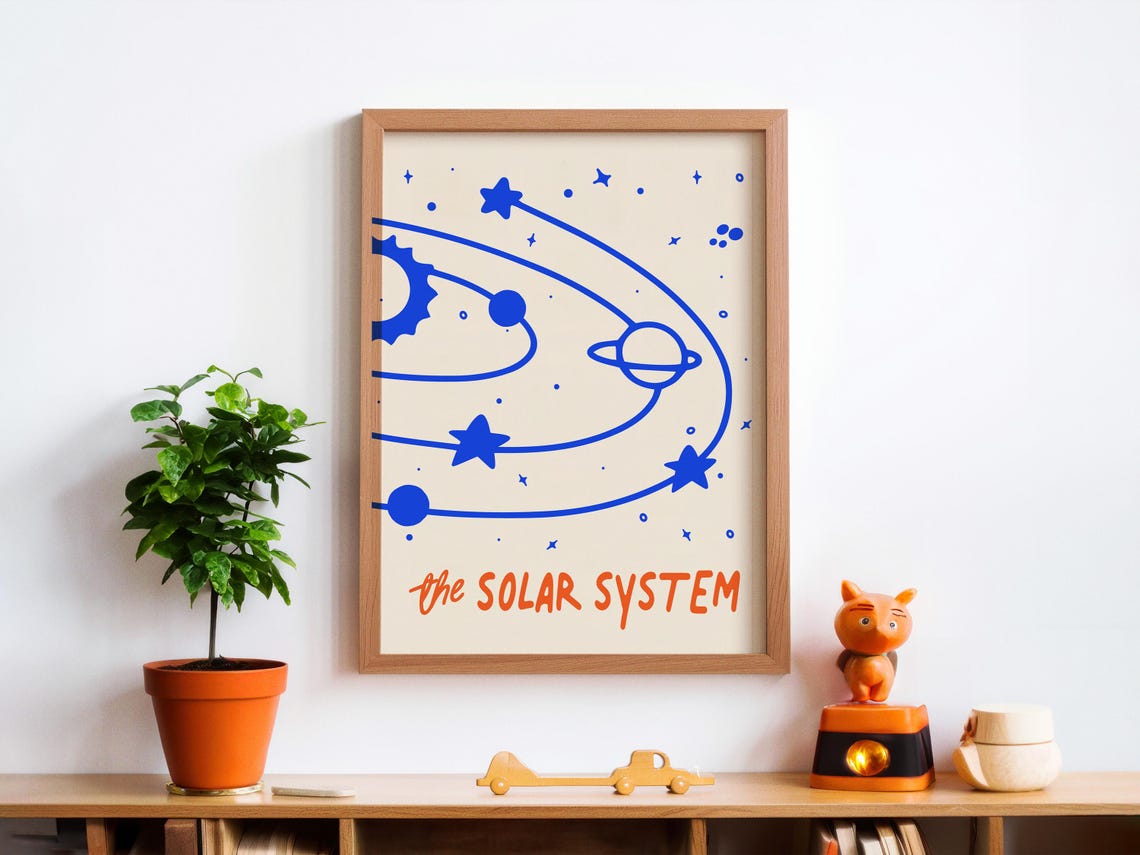 Solar System Blue Line Art Planets Cream Kids Room Nursery Poster