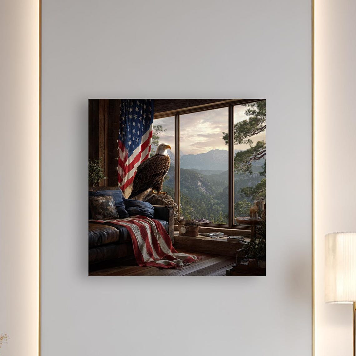 Bald Eagle American Flag Rustic Cabin Mountain View Canvas Poster