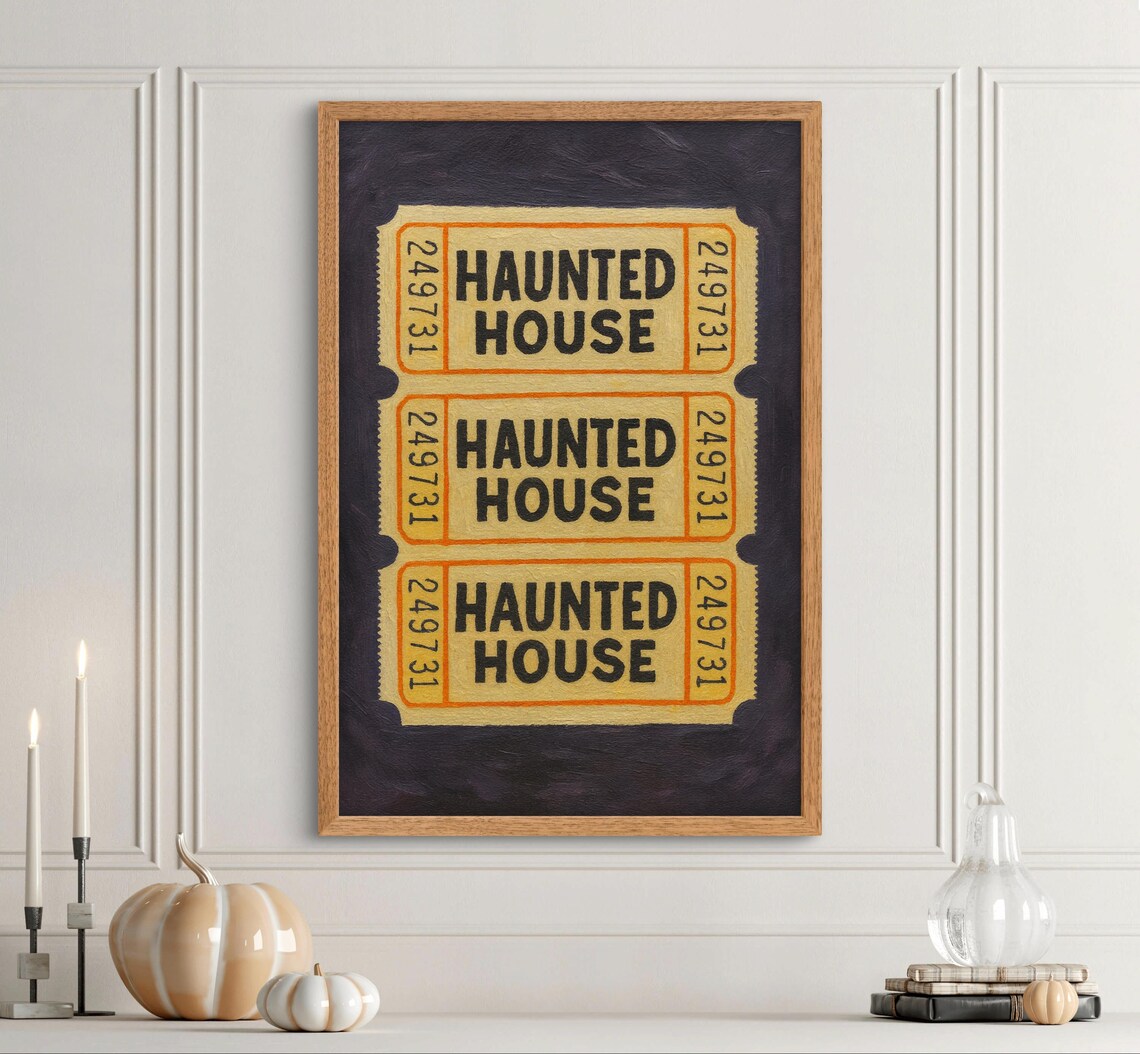Haunted House Tickets Halloween Poster Vintage Gothic Typography Art