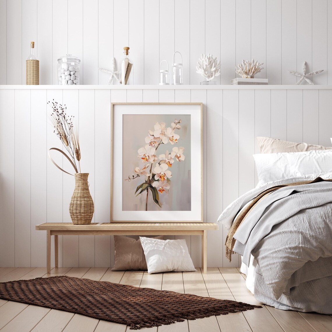 Cream Orchids in Minimalist Pale Green Botanical Still Life Poster - Image 4