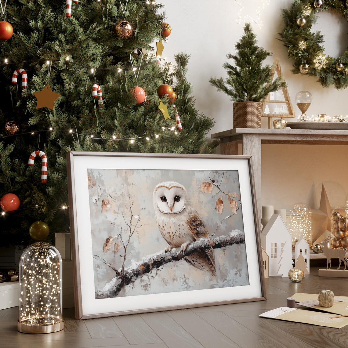 White Barn Owl Perched Snowy Branch Soft Winter Painting Poster - Image 3