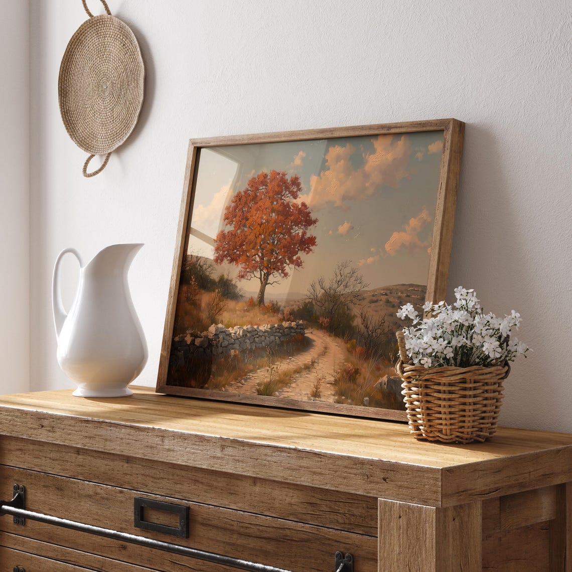 Blazing Red Tree Beside a Dry Stone Wall on a Country Path Poster - Image 3