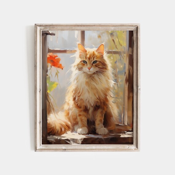 Vintage Fluffy Cat Art Print, Cozy Window Scene