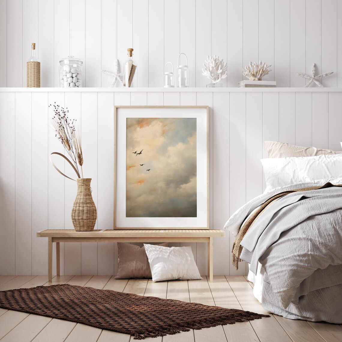 Flock of Birds Soaring Through a Soft Cloudy Sky Painting Poster - Image 4