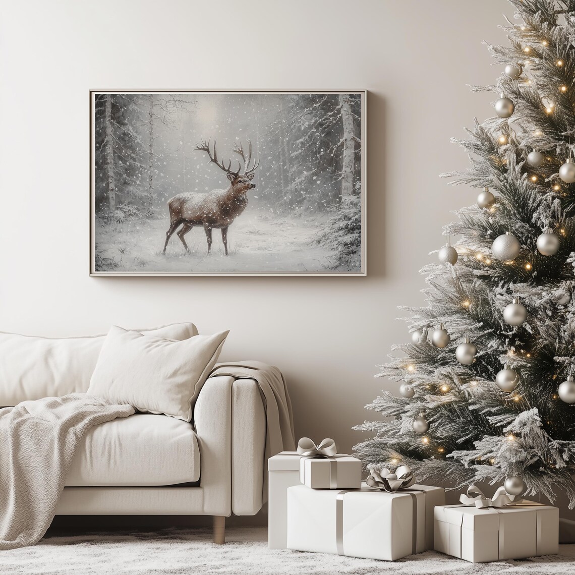Stag In Snowy Forest Misty Winter Wildlife Oil Painting Poster - Image 3