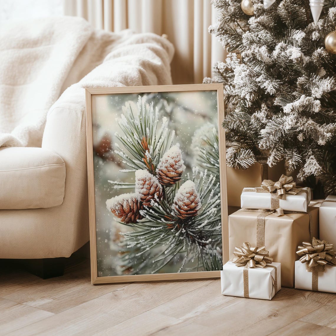 Snow Dusted Pinecones on Frosted Branch Closeup Winter Poster - Image 4