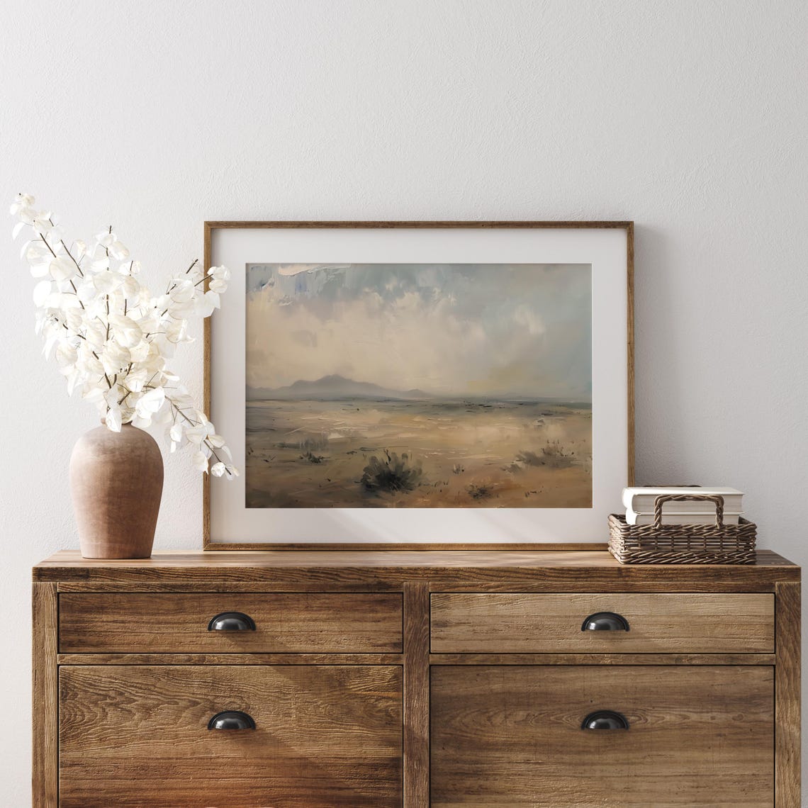 Misty Neutral Desert Plains with Distant Mountains Vintage Poster - Image 4