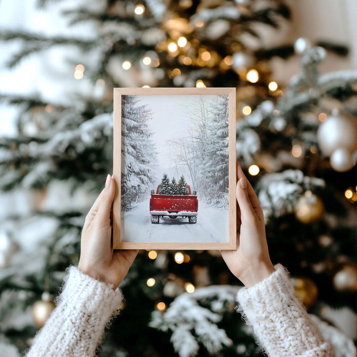 Red Vintage Pickup Truck Carrying Christmas Trees Snowy Road Poster - Image 4