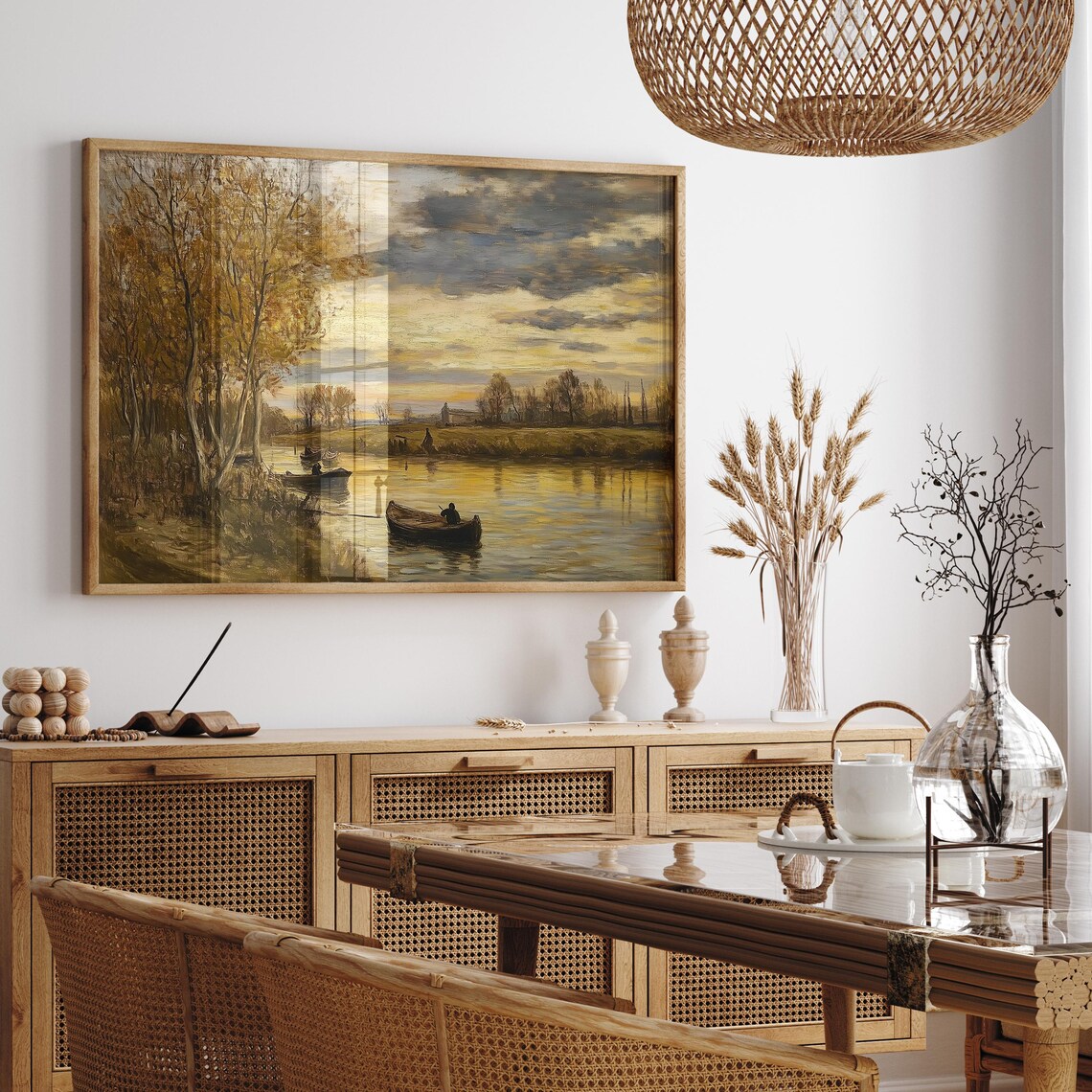 Fishermen in Boats on a Shimmering Sunset River Painting Poster - Image 3
