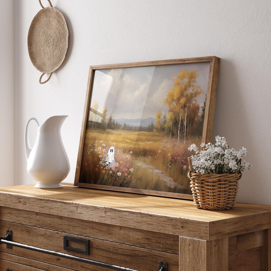 Cute Ghost In A Golden Wildflower Meadow On An Autumn Day Poster - Image 3