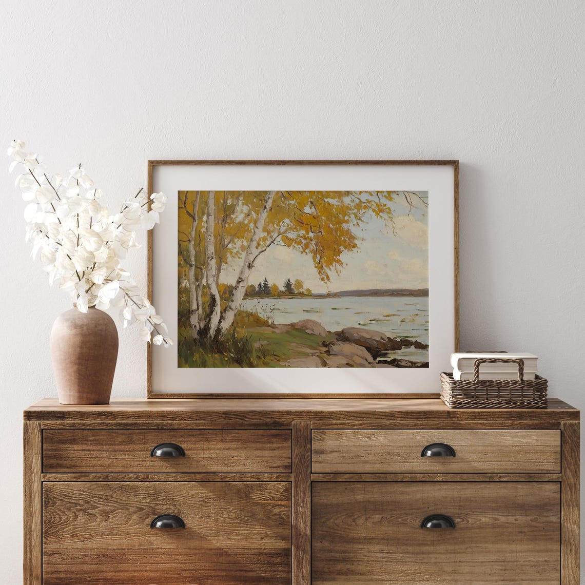 Golden Birch Branches Arching Over a Rocky Lakeshore Painting Poster - Image 3