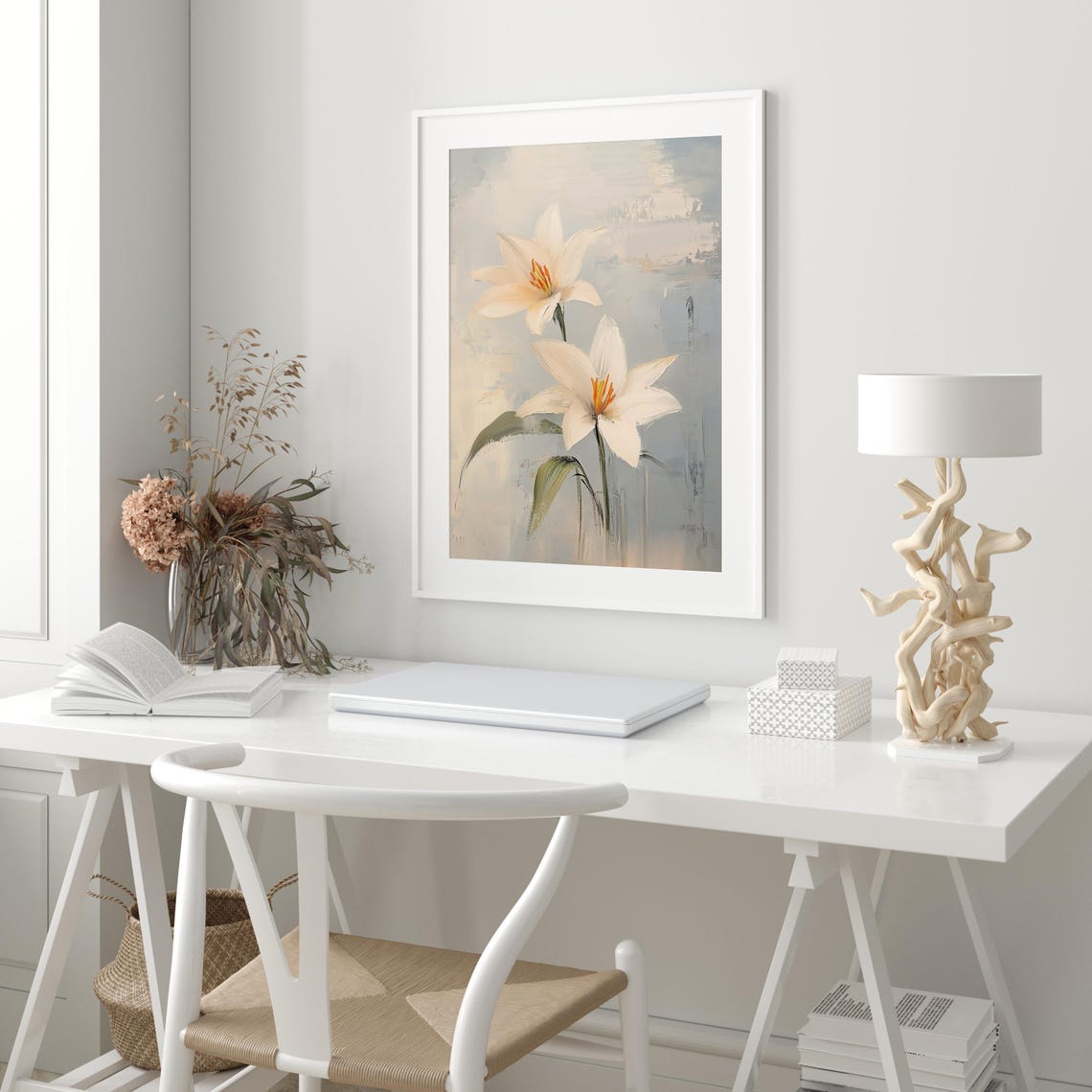 Two White Lily Blooms With Bright Orange Stamens Floral Poster - Image 2