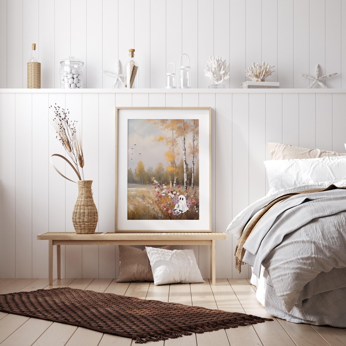 Cute Ghost Among Flowers In An Autumn Birch Grove Fall Poster - Image 3