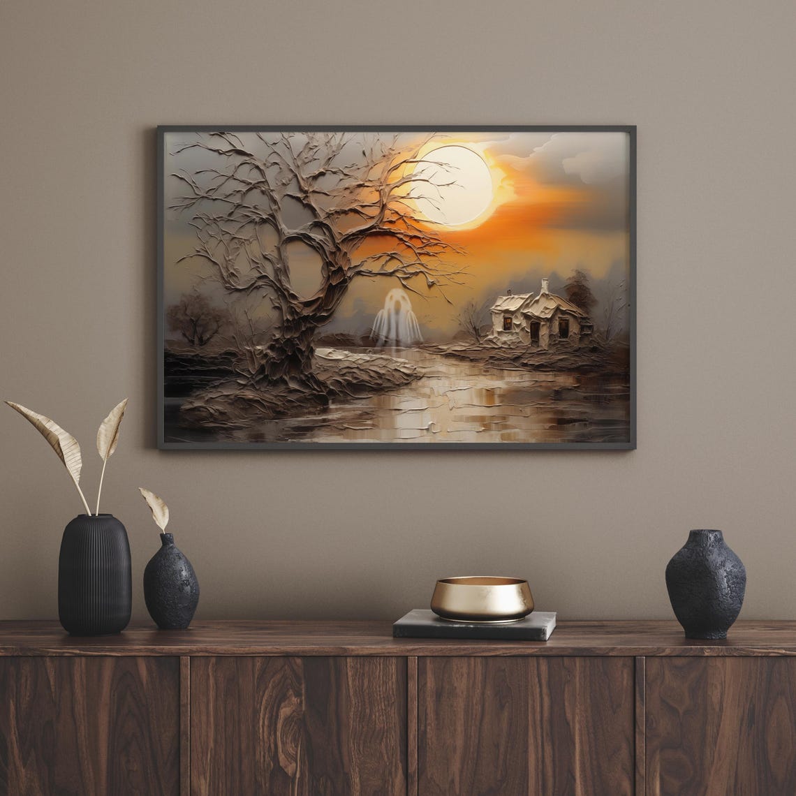 Haunted Cottage At Sunset With A Ghost Under A Full Moon Poster - Image 4