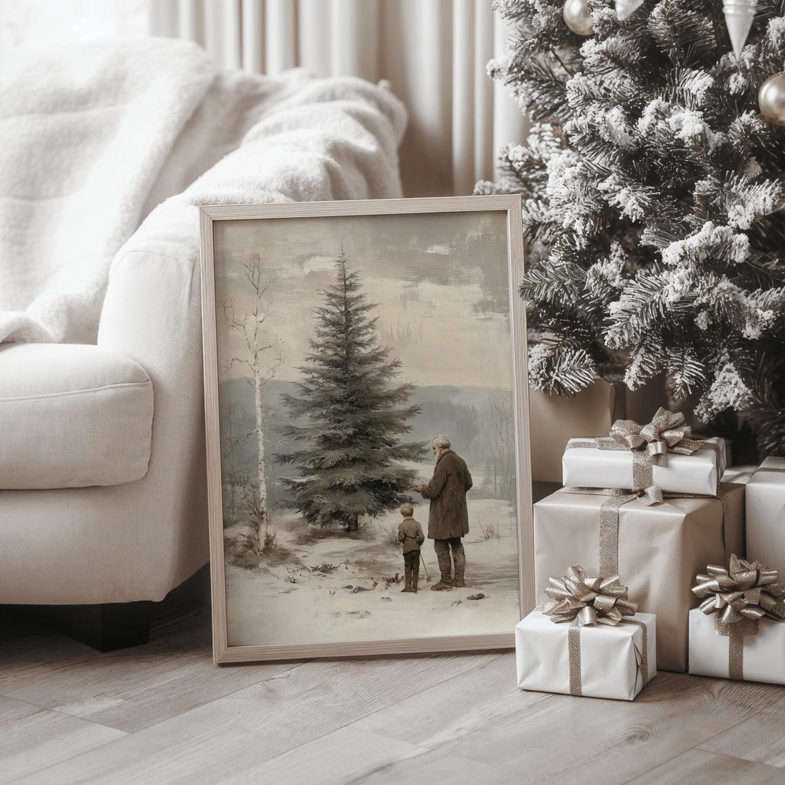 Father and Son in Snowy Evergreen Forest Winter Landscape Art Poster - Image 3