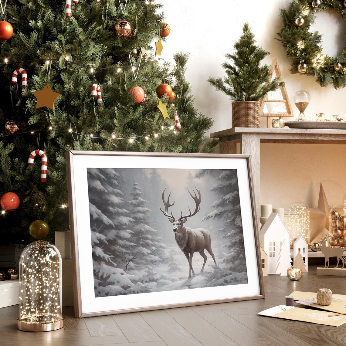 Majestic Buck with Large Antlers Walking Snowy Forest Poster - Image 4