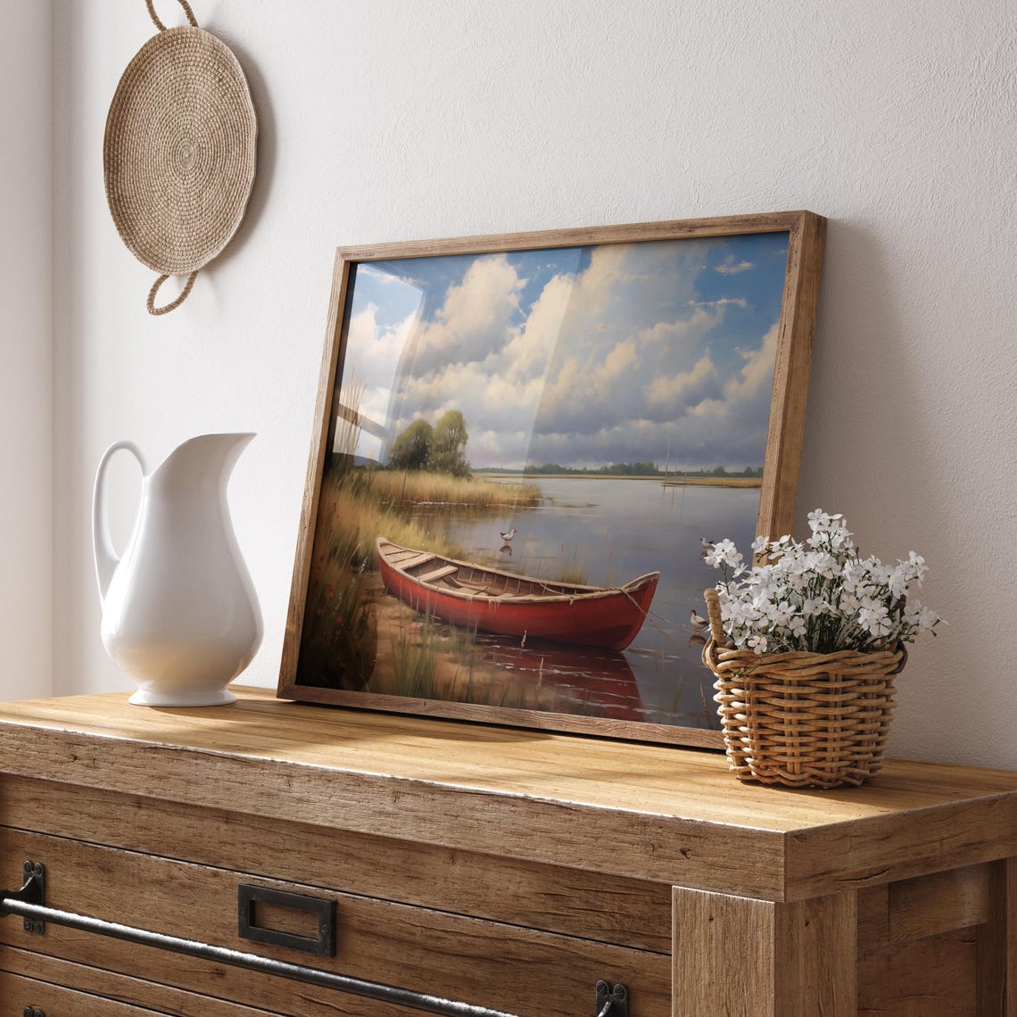 Red Canoe Floating On A Still Lake With Ducks Classic Nature Poster - Image 2