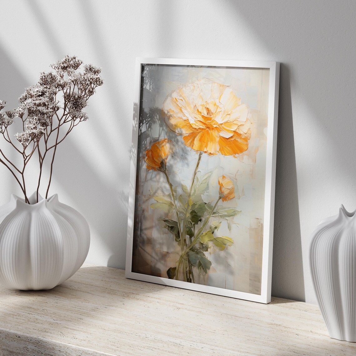 Orange Marigold Blooms in Textured Impasto Oil Painting Poster - Image 3