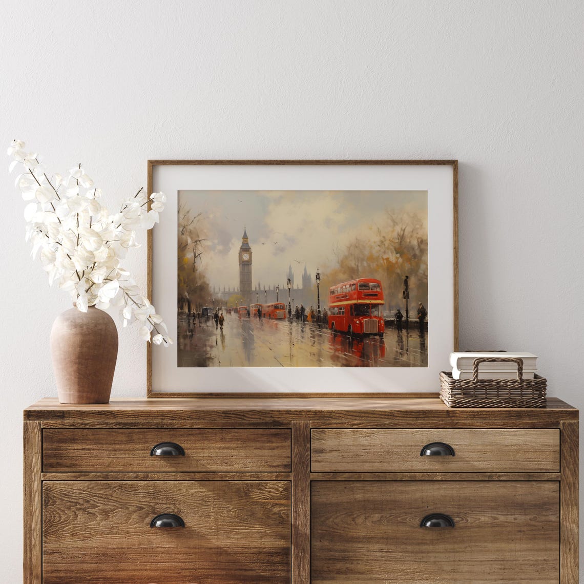 Rainy London Street with Big Ben and Red Bus Vintage City Poster - Image 3