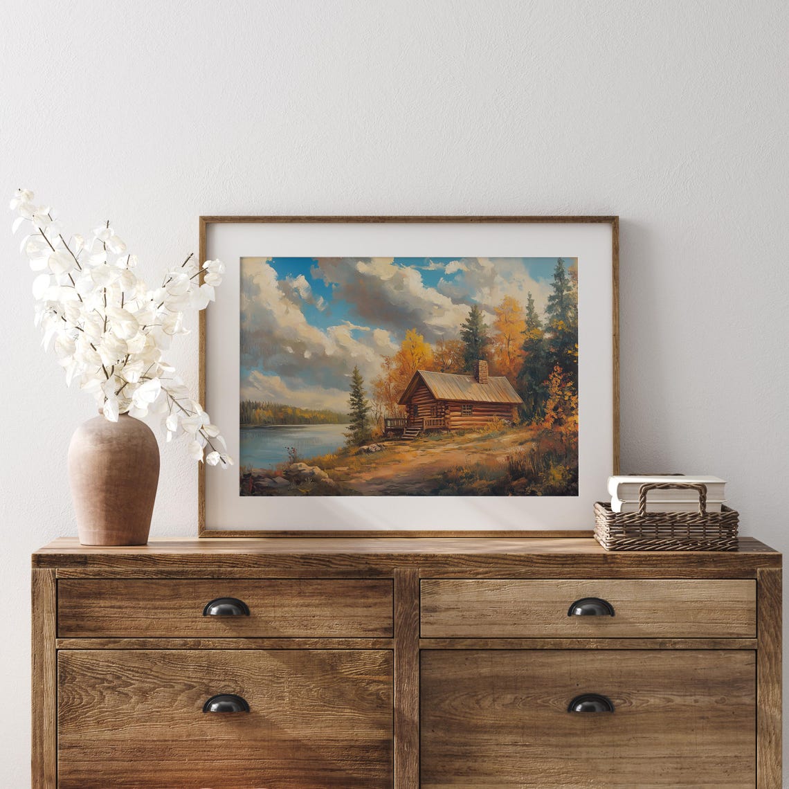 Log Cabin with Stone Chimney Among Glowing Autumn Trees Poster - Image 3