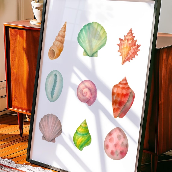 Nine Colorful Seashells Watercolor Collection Coastal Beach Decor Poster
