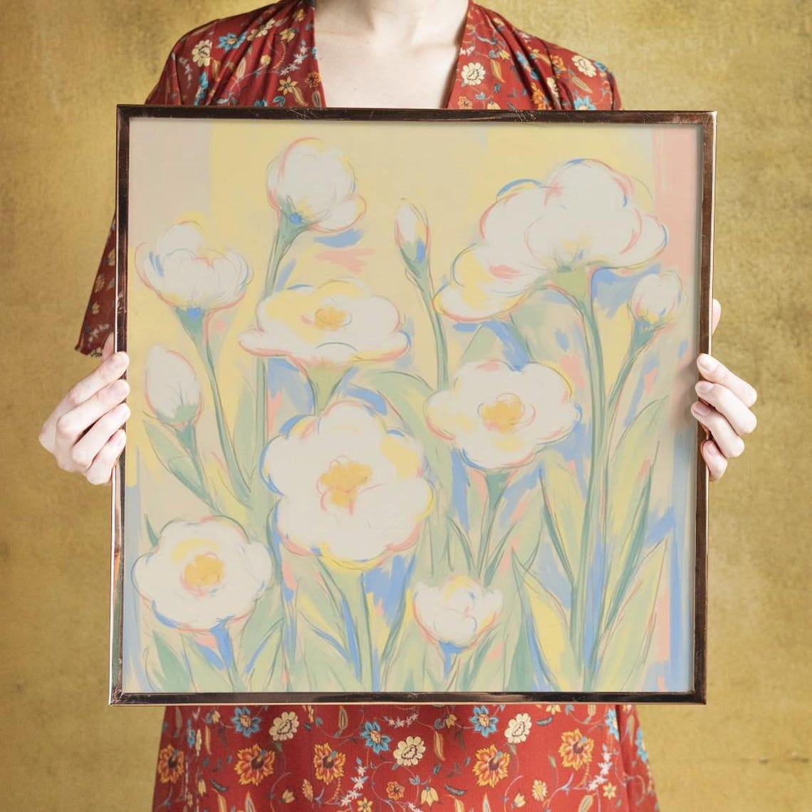 White Poppies With Yellow Centers Fresh Green Garden Floral Art Poster