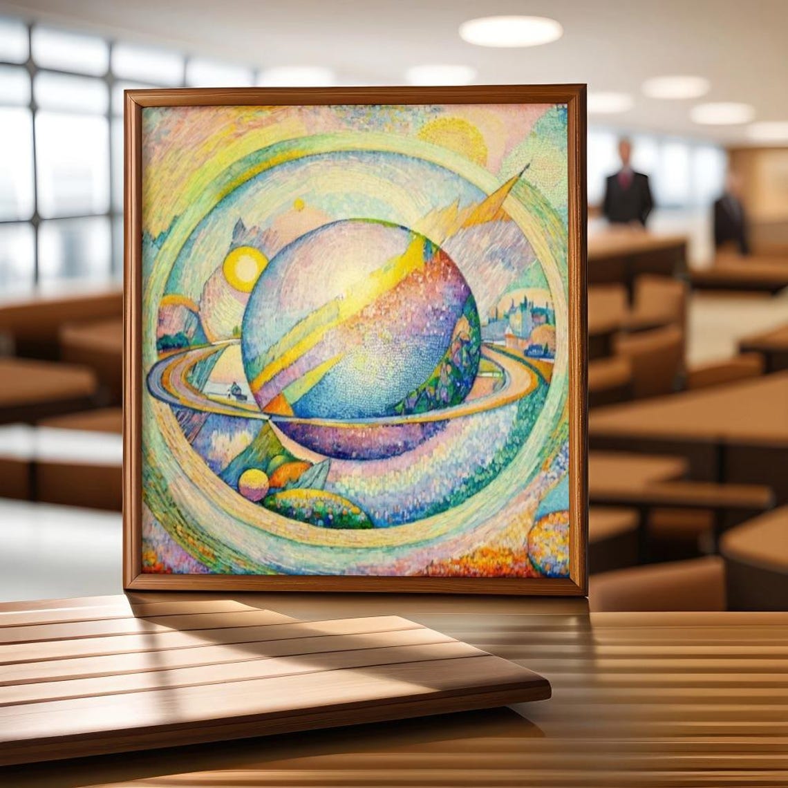 Pastel Pointillist Ringed Planet Orbiting Dreamlike Space Poster